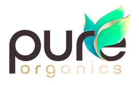 Logo cu textul „pure organics” în litere mici, prezentând două frunze verzi deasupra literei „r”.